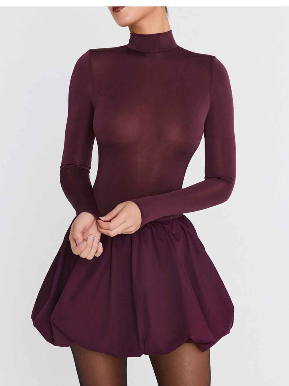 Women's Long Sleeve Mock Neck Mini Dress in Plum